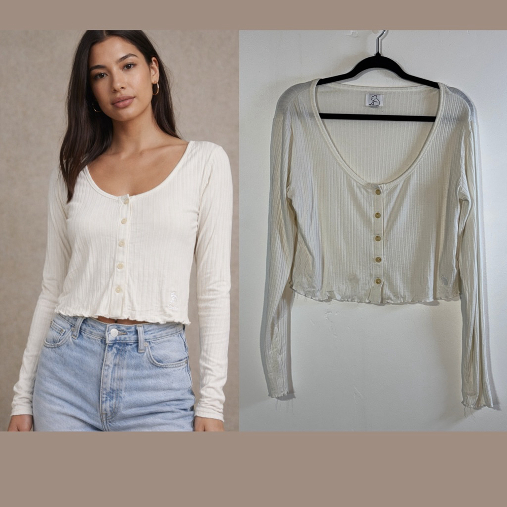 Kuwallatee White Ribbed Long Sleeve Shirt Women’s XL Button Down Scoop Neck